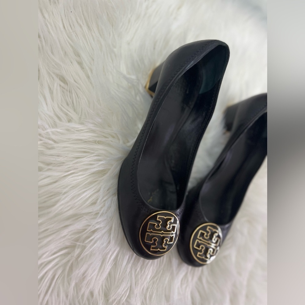 Tory Burch Black Leather Logo Ballet Flats with Gold Medallions